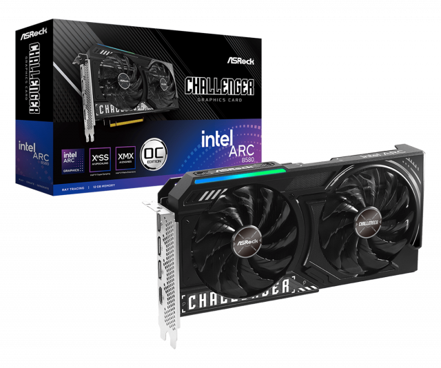 ASRock Intel Arc B580 Challenger 12GB OC 모델은 최대 클럭 2740MHz 으로 동작하며, 12GB GDDR6 메모리(19Gbps)를 탑재했다. 스트라이프 축 팬과 울트라 핏 히트파이프를 적용한 듀얼 팬 쿨링 설계를 적용 냉각했다. 특히 특히 컴팩트한 듀얼 슬롯 디자인으로 케이스 호환성이 우수하다. 프리 오버클럭을 지원하며, 후면 메탈 백플레이트와 LED 인디케이터를 탑재해 내구성과 심미성을 모두 충족한다